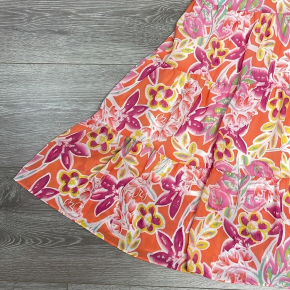 NWOT Chaps Coral Pink Yellow Floral Lined Tiered Chiffon Midi Skirt MP - Picture 12 of 14